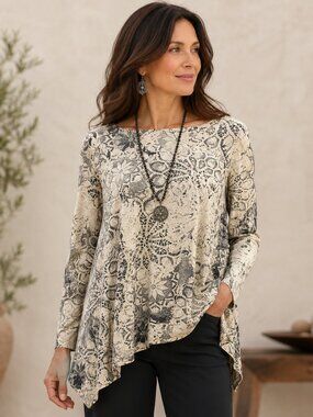 Peruvian Connection SZ M/L Boat-Neck Long Sleeve Pima Cotton Blend Swing Top